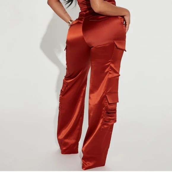 Strapless Satin Cargo Jumpsuit in Rust - Picture 4 of 5